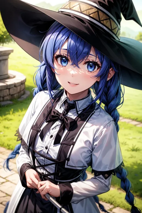 best quality, masterpiece, 1girl, (solo:1.1), raytracing, ultra detailed,detailed face, 8k wallpaper, (wide hips:0.8), <lora:more_details:0.5>, RoxyMigurdiaNDV, 1girl, blue hair, blue eyes, small breasts, long hair, hair between eyes, twin braids, capelet, white dress, witch hat, outdoor, <lora:RoxyMigurdiaNDV:0.7>, smile, staff, dynamic pose, top view