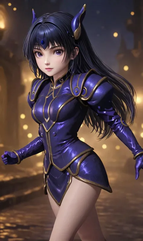 whimsical, a cinematic shot of petite lodrose, running around hellscape underworld, black hair, purple and gold armor, headgear, night, bokeh, blurry background, light particles,  [masterpiece, best quality, hyper detailed, ultra detailed, super realistic, uhd, 4k, 8k, 32k, 64K]   <lora:SDXL - Char - LOD_Rose-11-02-32-32-25-16:.9>