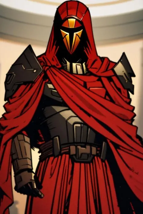 masterpiece, best quality,1boy, helmet,mask, mandalorian, armor,red cape,mandaloretheultimate,glorious lighting,blurry background, simple background, absurdres, highres, high detail <lora:mandalorianneocrusaders:1>