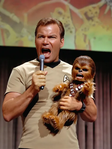 captain_kirk at a star trek convention screaming at the audience holding a small chewbacca doll, angry, <lora:captain_kirk_10_x114-step00005500:0.6>