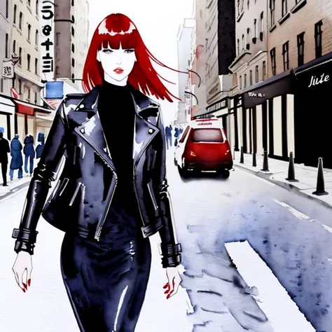 ink (((watercolor))) by bissett, model with short straight red hair and ((bangs)) wearing a black leather biker_jacket on the streets of new york, solo focus, high fashion,  haute couture, <lora:bissett:1>, <lora:biker_jacket0:0.1>, expressive, flowing,