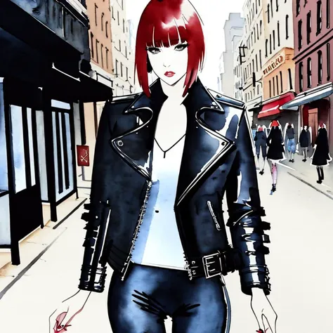 ink (((watercolor))) by bissett, model with short straight red hair and ((bangs)) wearing a black leather biker_jacket on the streets of new york, solo focus, high fashion, haute couture, <lora:bissett:1>, <lora:biker_jacket0:0.1>, expressive, flowing,