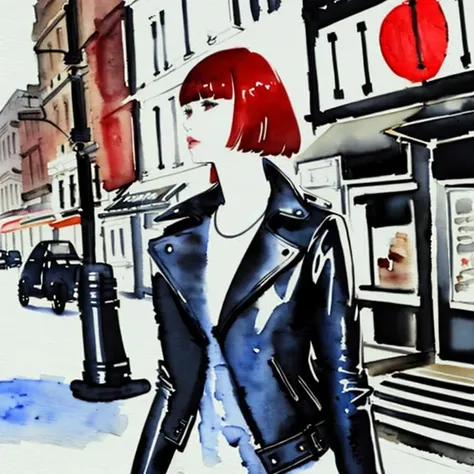 ink (((watercolor))) by bissett, model with short straight red hair and ((bangs)) wearing a black leather biker_jacket on the streets of new york, solo focus, high fashion,  haute couture, <lora:bissett:1>, <lora:biker_jacket0:0.1>, expressive, flowing,