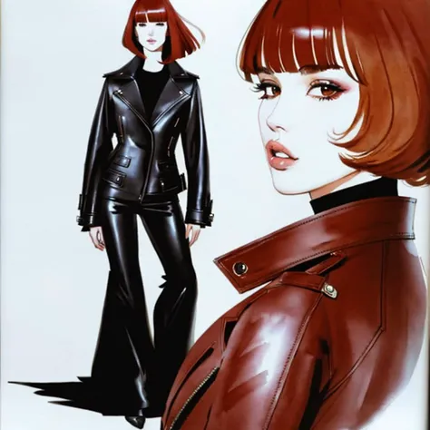 full body, ink watercolor by Jacqueline bissett, model with short straight red hair and ((bangs)) wearing a black leather biker_jacket, solo focus, high fashion,  haute couture, <lora:bissett:1>,  fashion art. <lora:MollyR:0.5>, <lora:aliLarter:0.5>, <lora:biker_jacket0:0.3>, expressive, flowing