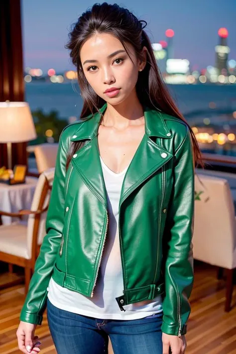 <lora:betterCuteAsian03:0.3>, woman posing for a photo, (wearing green biker_jacket:1.3),
good hand,4k, high-res, masterpiece, best quality, head:1.3,((Hasselblad photography)), finely detailed skin, sharp focus, (cinematic lighting), collarbone, night, soft lighting, dynamic angle, [:(detailed face:1.2):0.2],(((5 stars hotel))), outside,    <lora:biker_jacket:0.5>