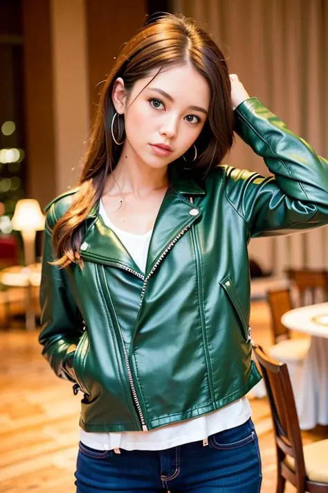 <lora:betterCuteAsian03:0.3>, woman posing for a photo, (wearing green biker_jacket:1.3),
good hand,4k, high-res, masterpiece, best quality, head:1.3,((Hasselblad photography)), finely detailed skin, sharp focus, (cinematic lighting), collarbone, night, soft lighting, dynamic angle, [:(detailed face:1.2):0.2],(((5 stars hotel))), outside,    <lora:biker_jacket:0.5>