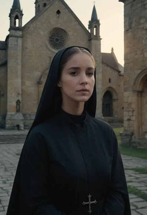 cinematic head and shoulder portrait,a beautiful woman is walking outside a tall emaculate ancient church at sunrise,wearing a black nun outfit,hair in tight ponytail,looking at viewer,evil smile,high budget,hyperdetailed,dynamic lighting,atmospheric haze,intricate details,movie screencap,film,moody,4k textures,4k resolution,film grain,<lora:albaptista_xl_1_standard:1>,