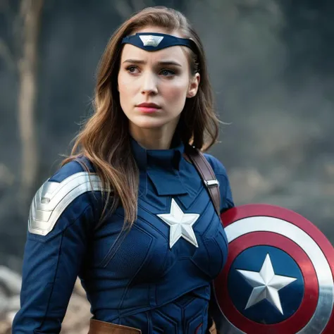 High res portrait photo of an actress dressed as female Captain America with her Shield,war movie aestethic, analog film, <lora:albaptista_xl_1_standard-000050:1>