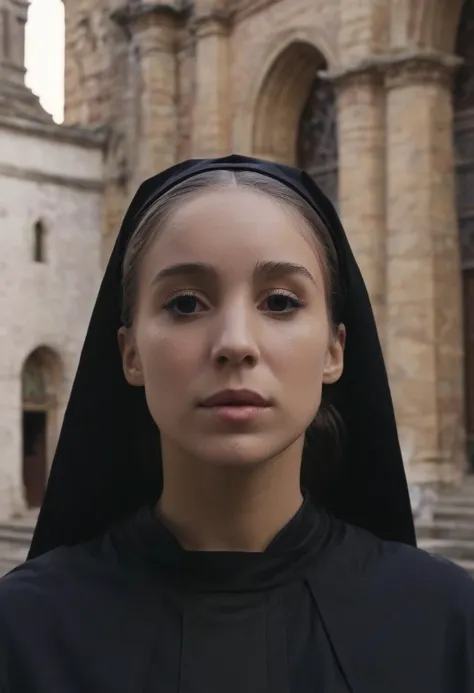 cinematic head and shoulder portrait,a beautiful woman is walking outside a tall emaculate ancient church at sunrise,wearing a black nun outfit,hair in tight ponytail,looking at viewer,high budget,hyperdetailed,dynamic lighting,atmospheric haze,intricate details,movie screencap,restrained,film,moody,4k textures,4k resolution,film grain,<lora:albaptista_xl_1_standard:1>,