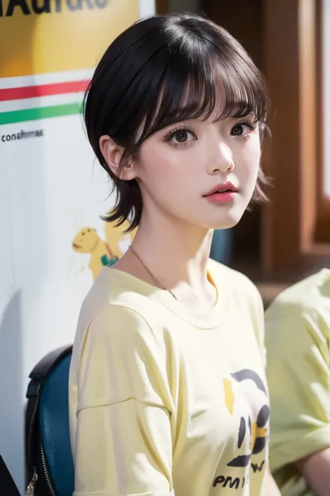 ((masterpiece)), (best quality), photorealistic, best quality, 1 girl, shirt, short hair, looking at viewer, Face details:1.4, yellow t-shirt, subway background:1.4, upper body <lora:SeungHee-01:1>