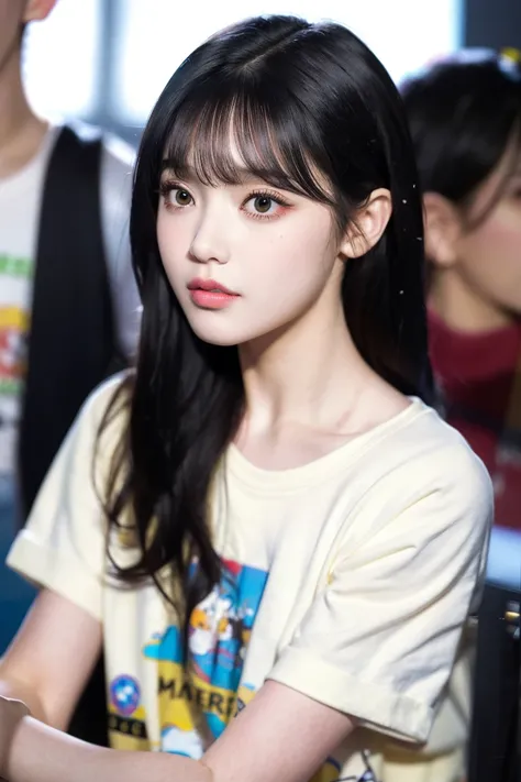 ((masterpiece)), (best quality), photorealistic, best quality, 1 girl, shirt, looking at viewer, Face details:1.4, yellow t-shirt, subway background:1.4, upper body <lora:SeungHee-01:1>