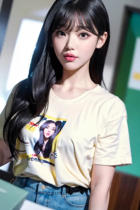 ((masterpiece)), (best quality), photorealistic, best quality, 1 girl, shirt, looking at viewer, Face details:1.4, yellow t-shirt, subway background:1.4, upper body <lora:SeungHee-01:1>