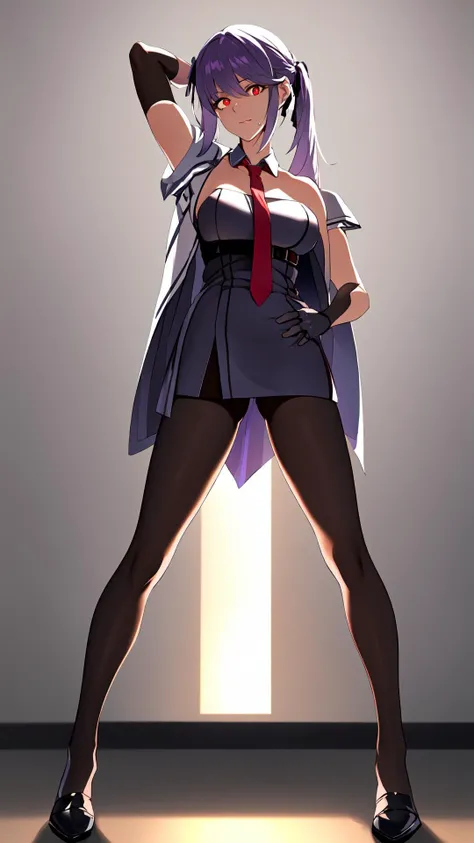 (Realism), (Highres), 4K, 8K, (Detailed_Illustration), Ultra-Detailed, Ambient_Light, Backlighting, Realistic_Shadows, Glowing_Particles, Light_Particles, Digital_Art, Soft_Light, Soft_Lighting, White_Light, White_Lighting, Reflections, Detailed_Face, (Detailed Hair:1.2), (Hyper-Detailed Eyes:1.2), Dim_Lighting, Indirect_Lighting, Reflections, Detailed_Face, (Detailed_Hair:1.2), (Hyper-Detailed_Eyes:1.4), (Desaturated:1.4), (Detailed_Eyes:1.6),
(1girl:1.6), (solo:1.6), (full_body:1.6),
bare_shoulders, braid, breasts, eyebrows_visible_through_hair, fingerless_gloves, gloves, hair_ribbon, jacket, long_hair, looking_at_viewer, necktie, open_mouth, pantyhose, partially_fingerless_gloves, red_eyes, red_necktie, ribbon, sidelocks, silver_hair, simple_background, sitting, solo, sweatdrop, twintails, very_long_hair, (purple_hair:1.4), (transparent_tights:1.6), (spread_legs:1.4), (standing_on_his_feet:1.4), (simple_background:1.3), (hands_behind_head:1.6), (gradient_red_eyes:1.6), <lora:Essex_NormalLoRA:1>,