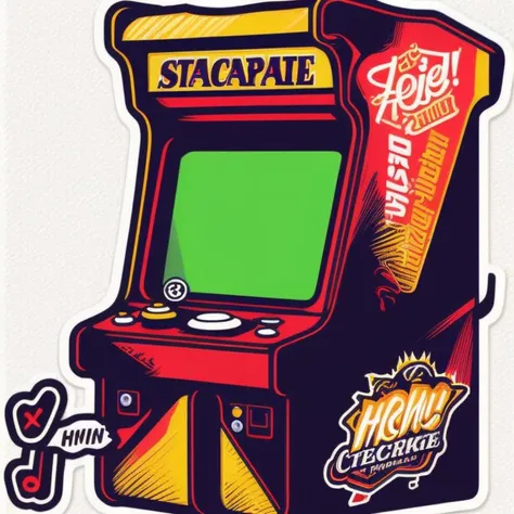 ((die_cut sticker)) arcade machine from hell illustration, intricate decorated insanely detailed arcade, die_cut sticker in style of vector-art