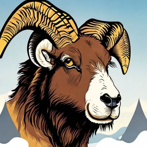 illustration by vector-art of a ram with mountains background, breathtaking, 8 k resolution, extremely detailed, beautiful, establishing shot, artistic, hyperrealistic, octane render, cinematic lighting, dramatic lighting, masterpiece by vector-art