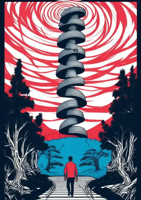 man walking on the warped highway, trees, early evening, ((hypnotic spiral on sky:1.3)), surrounding, surreal mysterious, Junji Ito, Kim Jung Gi manga style, [red, white, blue], vector art style, ancient Japanese ink style, man walking on the road, detailed realistic professional art masterpiece