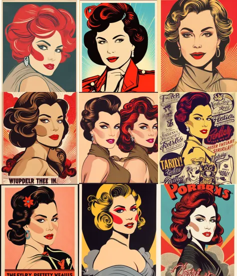 pretty women portrait 1950s poster style, vector-art