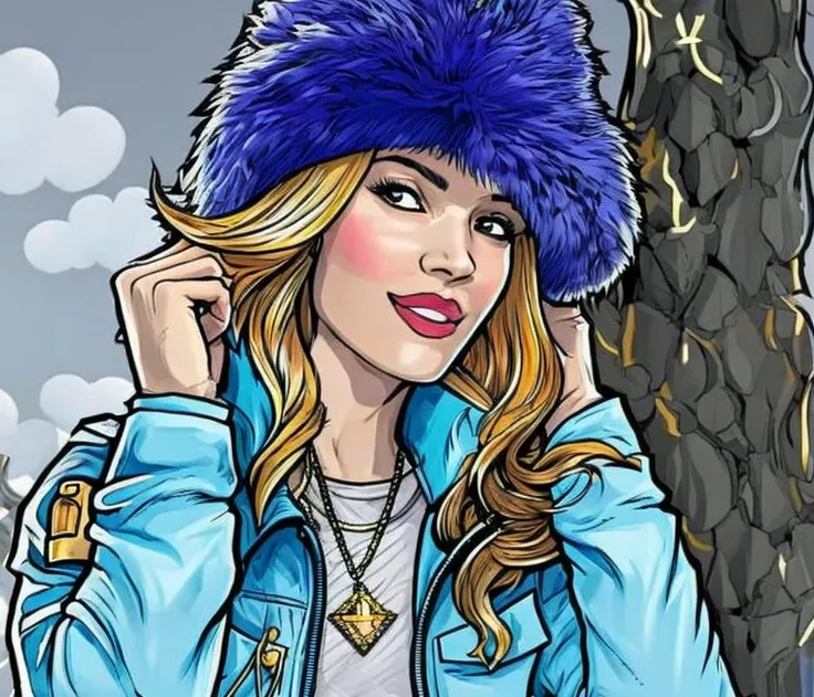 a woman in a blue jacket and a fur hat smiles at the camera while she wears a fur hat, by Hendrik van Steenwijk I concept art, rich vivid colors, ambient lighting, sharp focus, illustration