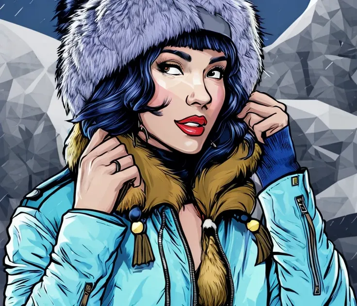 a woman in a blue jacket and a fur hat smiles at the camera while she wears a fur hat, by Hendrik van Steenwijk I concept art, rich vivid colors, ambient lighting, sharp focus, illustration