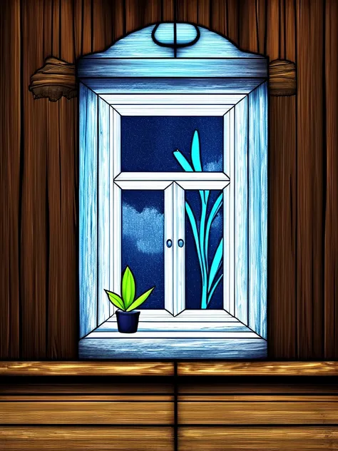 vector-art, a window with a blue frame and a wooden wall behind it with a plant in the window sill, by Mikhail Vrubel  concept art, rich vivid colors, ambient lighting, sharp focus, illustration