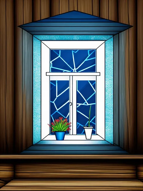 vector-art, a window with a blue frame and a wooden wall behind it with a plant in the window sill, by Mikhail Vrubel concept art, rich vivid colors, ambient lighting, sharp focus, illustration