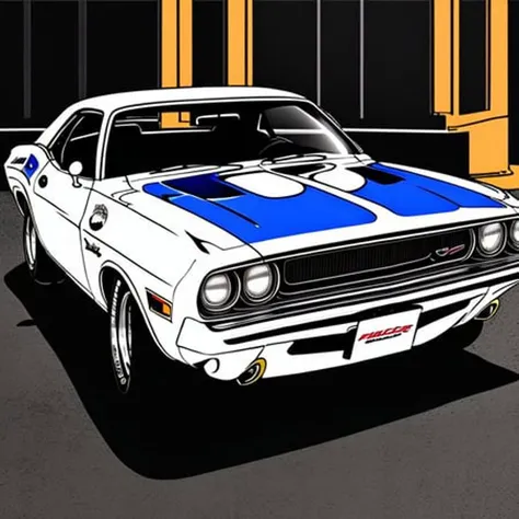 a 1970 Dodge Challenger die-cut sticker, 2d cartoon, anime key visual, anime wallpaper, 4k uhd background, jrpg background, extremely detailed artwork