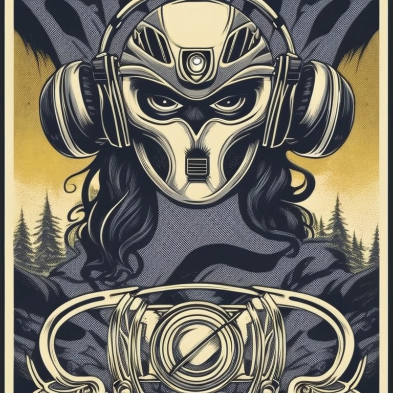 oval alien head, ultra detailed, detailed face, headphones, pyramid throne with wild spirits, war environment, character portrait, engraving, sticker tshirt design