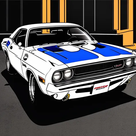a 1970 Dodge Challenger die-cut sticker, 2d cartoon, anime key visual, anime wallpaper, 4k uhd background, jrpg background, extremely detailed artwork