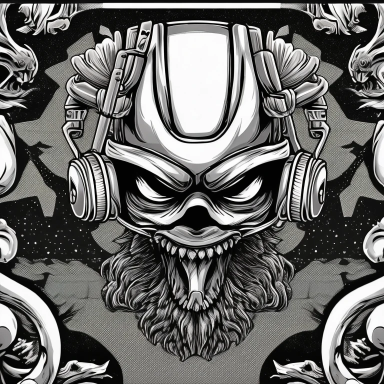 gray alien head, ultra detailed, detailed face, headphones, pyramid throne with wild spirits, war environment, character portrait, engraving, sticker tshirt design