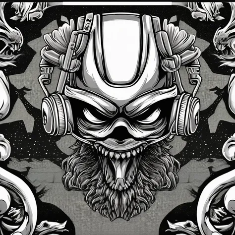 gray  alien head, ultra detailed, detailed face, headphones, pyramid throne with wild spirits, war environment, character portrait, engraving, sticker tshirt design