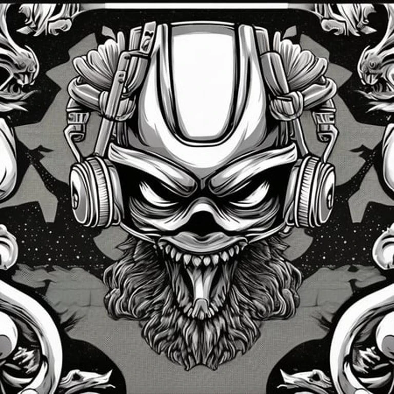gray alien head, ultra detailed, detailed face, headphones, pyramid throne with wild spirits, war environment, character portrait, engraving, sticker tshirt design