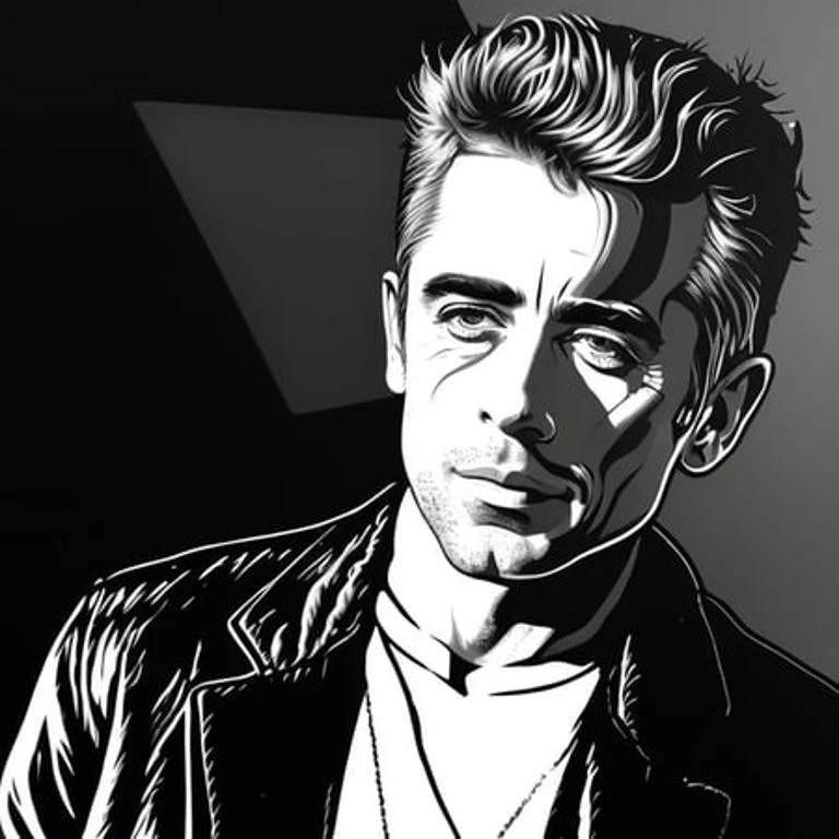 highly detailed, beautiful (caricature) portrait of james dean, cinematic lighting, dramatic lighting, illustration by vector_art, oil painting, acrylic painting, CGSociety, ArtStation, (Hyperrealism), (Photorealism), art by Greg Rutkowski and frank frazetta, artstation, painting with Vivid color, high contrast, hyper realism, detailed photorealistic portrait photograph, white background, ((detailed line art)), hand drawn digital painting, andy warhol art style