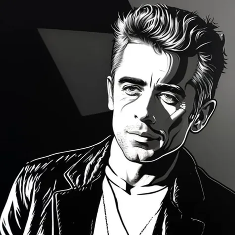 highly detailed, beautiful (caricature) portrait of james dean, cinematic lighting, dramatic lighting, illustration by vector_art, oil painting, acrylic painting, CGSociety, ArtStation, (Hyperrealism), (Photorealism), art by Greg Rutkowski and frank frazetta, artstation, painting with Vivid color, high contrast, hyper realism, detailed photorealistic portrait photograph, white background, ((detailed line art)), hand drawn digital painting, andy warhol art style