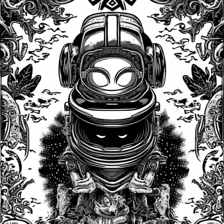 gray alien head, ultra detailed, detailed face, astronaut helmet, pyramid throne with wild spirits, lush environment, character portrait, engraving, sticker tshirt design