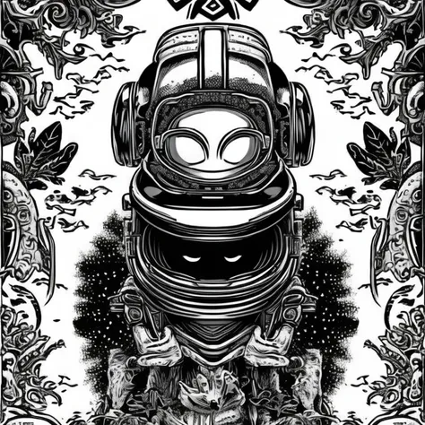 gray  alien head, ultra detailed, detailed face, astronaut  helmet, pyramid throne with wild spirits, lush environment, character portrait, engraving, sticker tshirt design