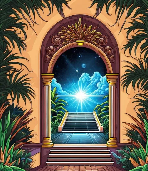 entrance to other_dimension, island, tropical leaves, stairs, intricately decorated portal, mirror,  Baroque style magical portal, vector-art, detailed realistic professional art masterpiece, nebulae galaxy inside doors