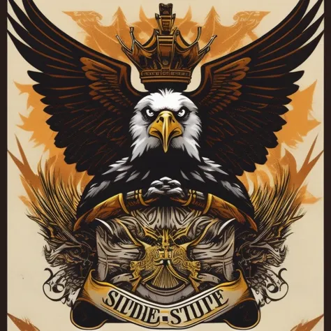 eagle, ultra detailed, detailed face, bone-made helmet, pyramid throne with wild spirits, lush environment, character portrait, engraving, sticker tshirt design