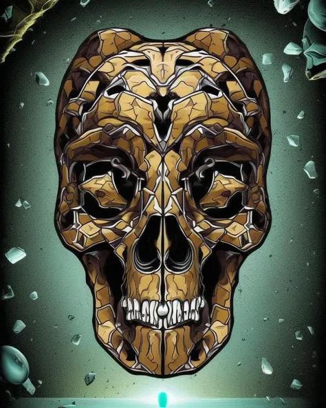 ((dog skull:1.2))looking breaking into pieces the glass flowing, ((pulp-diffusion style)), broken mirror elements, geometric, broken glass, translucent glass elements levitating, volumetric light, rim light, realistic masterpiece, sharp, nebulae galaxy colored light, detailed realistic professional art masterpiece