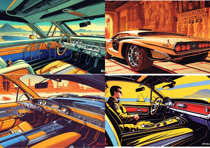 interior, atompunk ancient Egyptian style car, tomb, sarcophagi, electric device panels, hieroglyphs, volumetric light, atompunk machine elements, poster, clean lines, sharp focus , monumental, Michael Garmash and Rob Rey, stonepunk vector-art, Milton Caniff
