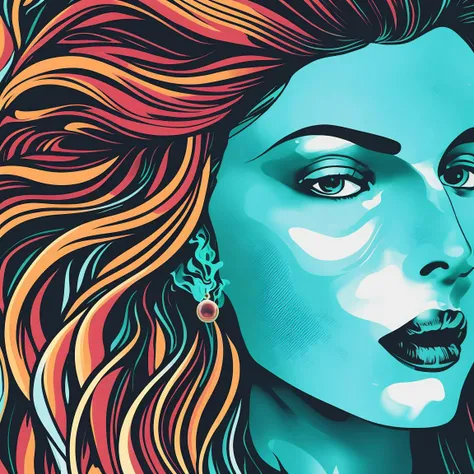 pulp-diffusion vector-art close-up of a beautiful woman underwater, beautiful face, colorful eyes, ((wet body)), (hallucinating colorful), (flowing colors), (((flowing smoke))), floating hair, inviting, alluring, exotic, highly detailed, 8k