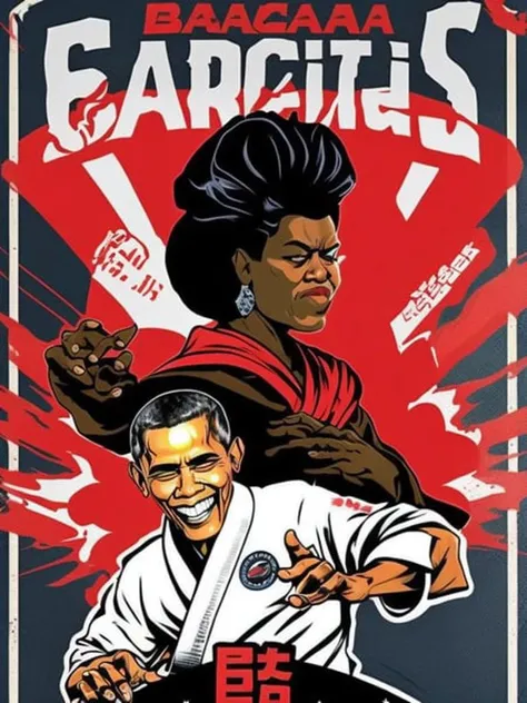 ((Barack Obama performing karate )), drone planes, radioactive cloud, rambo style