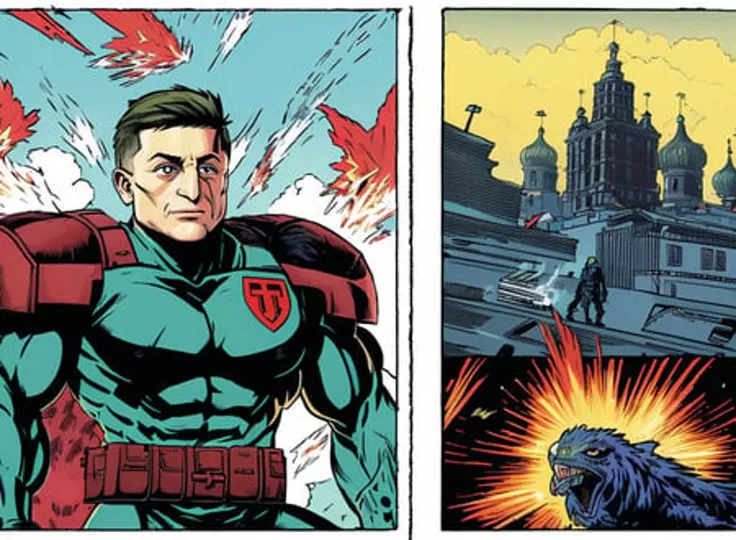 ((Vladimir Zelensky)) in cyborg body armour, battleground with destroyed office blocks, Russian tanks firing , Russian missiles exploding , 2000ad comic book style