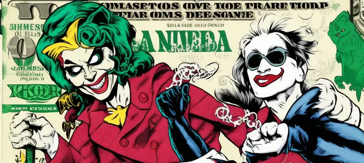 ((dollar bill greenback design)), (Joe Biden dressed as joker), (Janet Yellen dressed as catwoman)