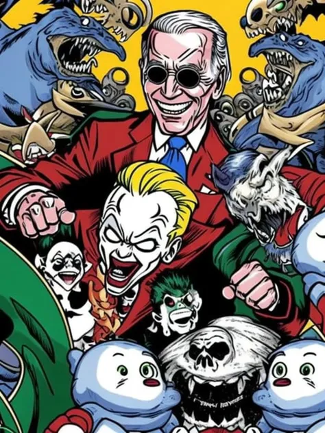 Joe Biden dressed as joker, surrounded by crawling babies