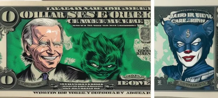 ((dollar bill greenback design)), (Joe Biden dressed as joker), (Janet Yellen dressed as catwoman)