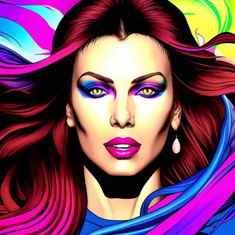 pulp-diffusion close-up of a beautiful woman underwater, beautiful face, colorful eyes, ((wet body)), (hallucinating colorful), (flowing colors), (((flowing smoke))), floating hair, inviting, alluring, exotic, highly detailed, 8k
