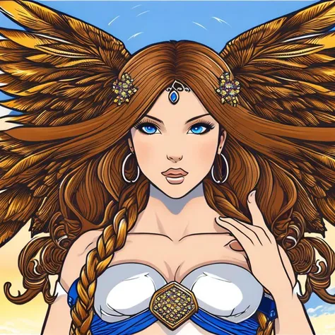 1girl, full body view, female angel ((woman)) with long ((braided hairs)), croming from the sky with open arms, angelic presence, lot of intricate detailed jewelry, intricate detailed angelic dress, detailed angelic wings, detailed expressive blue eyes, passionate look, happyness, heaven as background, highly detailed, 8k, hdr, lot of details, intricate, masterpiece, vector-art