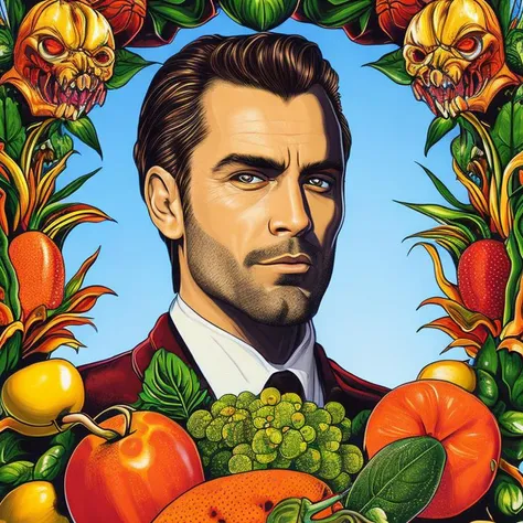 portrait of a very handsome man made of fruit by guiseppe arcimboldo and greg rutkowski, donato giancola, joseph christian leyendecker, wlop, boris vallejo, breathtaking, 8 k resolution, extremely detailed, beautiful, establishing shot, artistic, hyperrealistic, beautiful face, octane render, cinematic lighting, dramatic lighting, masterpiece by vector-art