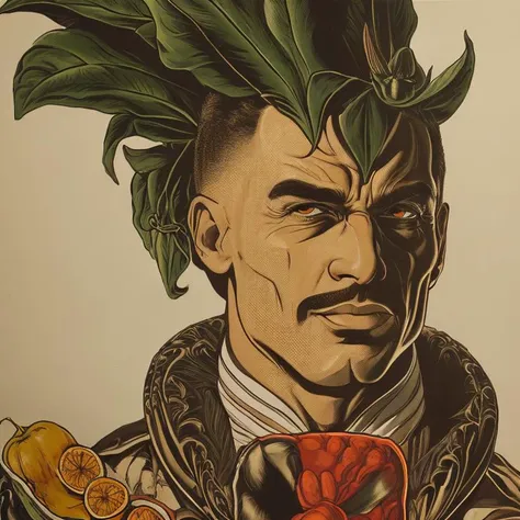 portrait of a very handsome man made of fruit by guiseppe arcimboldo and greg rutkowski, donato giancola, joseph christian leyendecker, wlop, boris vallejo, breathtaking, 8 k resolution, extremely detailed, beautiful, establishing shot, artistic, hyperrealistic, beautiful face, octane render, cinematic lighting, dramatic lighting, masterpiece by vector-art