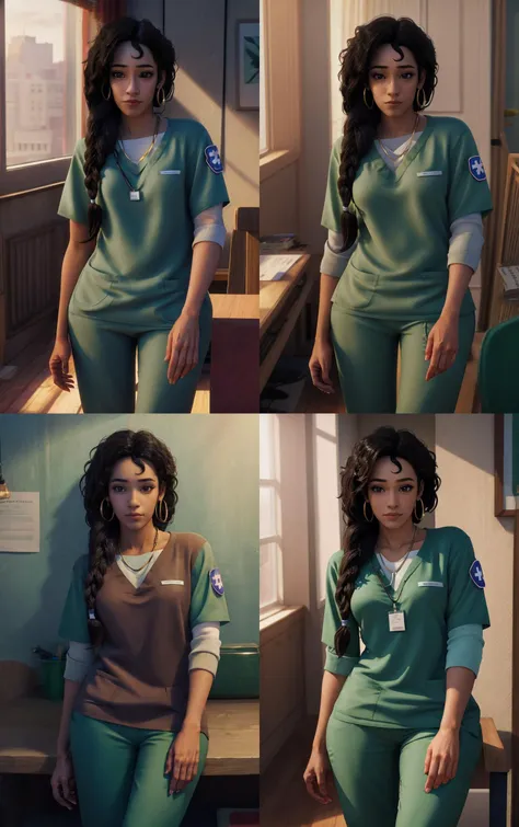 Nurse_SpiderVerse_RioMorales_ownwaifu,
1girl, black hair, curly hair, messy hair, dreadlocks, single braid, hair over shoulder, dark skin, very dark skin, dark-skinned female, lips, freckles, brown eyes, necklace, hoop earrings, earrings, jewelry,
green shirt, short sleeves, layered sleeves, green sweater, pants, id card, lanyard, name tag,
{<lora:CARTOON_SpiderVerse_RioMorales_ownwaifu:1> |<lora:CARTOON_SpiderVerse_RioMorales_ownwaifu:0.9> |<lora:CARTOON_SpiderVerse_RioMorales_ownwaifu:0.8> |<lora:CARTOON_SpiderVerse_RioMorales_ownwaifu:0.7> }, 
((masterpiece)),((best quality)),(highres, absurdres), original, bokeh, depth_of_field, scenery, spotlight, focused, looking at viewer, solo, cowboy shot,